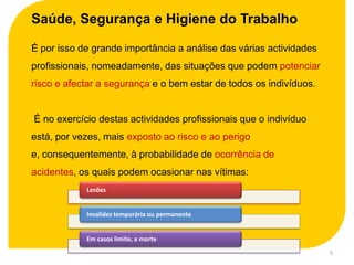 Saúde, Segurança e Higiene do Trabalho

É por isso de grande importância a análise das várias actividades
profissionais, nomeadamente, das situações que podem potenciar
risco e afectar a segurança e o bem estar de todos os indivíduos.


É no exercício destas actividades profissionais que o indivíduo
está, por vezes, mais exposto ao risco e ao perigo
e, consequentemente, à probabilidade de ocorrência de
acidentes, os quais podem ocasionar nas vítimas:
            Lesões


            Invalidez temporária ou permanente


            Em casos limite, a morte
                                                                    5
 