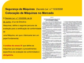 Segurança de Máquinas Decreto Lei n.º 103/2008
     Colocação de Máquinas no Mercado
O Decreto Lei n.º 103/2008, de 24
de Junho, á luz da Directiva
Maquinas, define o seguinte percurso de
avaliação para a certificação da conformidade
de
uma Máquina, em que o fabricante tem um
papel fundamental.


A análise do anexo IV que define as
máquinas que obrigam a procedimentos
específicos de avaliação de conformidade é
obrigatória.
 