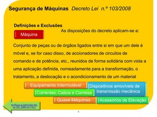 Segurança de Máquinas Decreto Lei n.º 103/2008


   Definições e Exclusões
                        As disposições do decreto aplicam-se a:
      Máquina

  Conjunto de peças ou de órgãos ligados entre si em que um dele é
  móvel e, se for caso disso, de accionadores de circuitos de
  comando e de potência, etc., reunidos de forma solidária com vista a
  uma aplicação definida, nomeadamente para a transformação, o
  tratamento, a deslocação e o acondicionamento de um material
                   Equipamento Intermutável         Dispositivos amovíveis de
                          Correntes, Cabos e Correias transmissão mecânica
                                    Quase-Máquinas       Acessórios de Elevação
Verifique as Definições Dec
 Lei 103_2008 art.º 32,3
                                              8
 