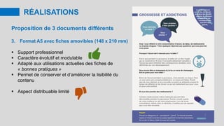RÉALISATIONS
Proposition de 3 documents différents
3. Format A5 avec fiches amovibles (148 x 210 mm)
 Support professionnel
 Caractère évolutif et modulable
 Adapté aux utilisations actuelles des fiches de
« bonnes pratiques »
 Permet de conserver et d’améliorer la lisibilité du
contenu
 Aspect distribuable limité
 