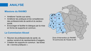Zone d’intervention du RAVMO
16 communes de l’Ouest du 94
ANALYSE
Missions du RAVMO
 Améliorer l’accès aux soins,
 Améliorer les pratiques et les compétences
des professionnels de santé et du secteur
social,
 Encourager et faciliter le dialogue par la mise
en forme de supports en commun.
La Commission Alcool
 Réunion de professionnels de santé, du
secteur social et de représentants d’usagers,
 Création de supports en commun : les fiches
de « bonnes pratiques ».
 