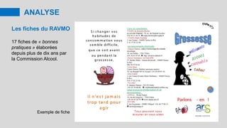 ANALYSE
Les fiches du RAVMO
17 fiches de « bonnes
pratiques » élaborées
depuis plus de dix ans par
la Commission Alcool.
Exemple de fiche
 