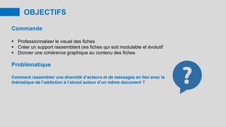 OBJECTIFS
Commande
 Professionnaliser le visuel des fiches
 Créer un support rassemblant ces fiches qui soit modulable et évolutif
 Donner une cohérence graphique au contenu des fiches
Problématique
Comment rassembler une diversité d’acteurs et de messages en lien avec la
thématique de l’addiction à l’alcool autour d’un même document ?
 