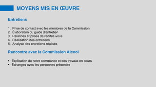 MOYENS MIS EN ŒUVRE
Entretiens
1. Prise de contact avec les membres de la Commission
2. Élaboration du guide d’entretien
3. Relances et prises de rendez-vous
4. Réalisation des entretiens
5. Analyse des entretiens réalisés
Rencontre avec la Commission Alcool
 Explication de notre commande et des travaux en cours
 Échanges avec les personnes présentes
 