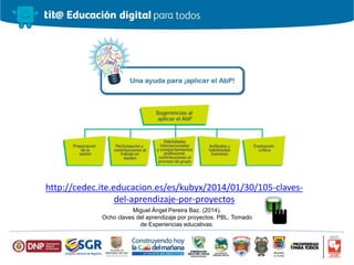 http://cedec.ite.educacion.es/es/kubyx/2014/01/30/105-claves-
del-aprendizaje-por-proyectos
Miguel Ángel Pereira Baz. (2014).
Ocho claves del aprendizaje por proyectos. PBL. Tomado
de Experiencias educativas.
 