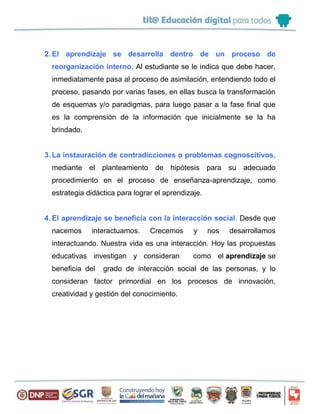 2. El aprendizaje se desarrolla dentro de un proceso de
reorganización interno. Al estudiante se le indica que debe hacer,
inmediatamente pasa al proceso de asimilación, entendiendo todo el
proceso, pasando por varias fases, en ellas busca la transformación
de esquemas y/o paradigmas, para luego pasar a la fase final que
es la comprensión de la información que inicialmente se la ha
brindado.
3. La instauración de contradicciones o problemas cognoscitivos,
mediante el planteamiento de hipótesis para su adecuado
procedimiento en el proceso de enseñanza-aprendizaje, como
estrategia didáctica para lograr el aprendizaje.
4. El aprendizaje se beneficia con la interacción social. Desde que
nacemos interactuamos. Crecemos y nos desarrollamos
interactuando. Nuestra vida es una interacción. Hoy las propuestas
educativas investigan y consideran como el aprendizaje se
beneficia del grado de interacción social de las personas, y lo
consideran factor primordial en los procesos de innovación,
creatividad y gestión del conocimiento.
 