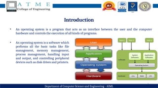 3
Department of Computer Science and Engineering - AIML
Introduction
• An operating system is a program that acts as an interface between the user and the computer
hardware and controls the execution of all kinds of programs.
• An operating system is a software which
performs all the basic tasks like file
management, memory management,
process management, handling input
and output, and controlling peripheral
devices such as disk drives and printers.
 