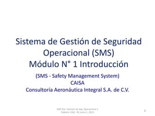 Clasificación: SGC
RO 1-JUN-2012
SMS Sist. Gestión de Seg. Operacional 1
Elaboro: EAQ R1 Junio 1, 2013
1
Sistema de Gestión de Seguridad
Operacional (SMS)
Módulo N° 1 Introducción
(SMS - Safety Management System)
CAISA
Consultoría Aeronáutica Integral S.A. de C.V.
 