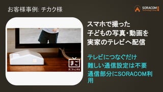 お客様事例: チカク様
テレビにつなぐだけ
難しい通信設定は不要
通信部分にSORACOM利
用
スマホで撮った
子どもの写真・動画を
実家のテレビへ配信
 