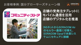 お客様事例: 国分グローサーズチェーン様
INSネットからSORACOM Air
のセルラー通信に切替え、
SORACOM Canalで本部シス
テムにセキュアに接続
店舗の受発注タブレットに
モバイル通信を活用
店舗のデジタル化を推進
 
