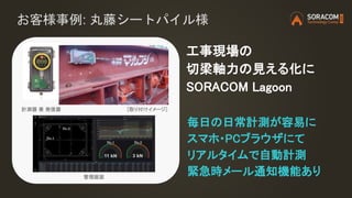 お客様事例: 丸藤シートパイル様
毎日の日常計測が容易に
スマホ・PCブラウザにて
リアルタイムで自動計測
緊急時メール通知機能あり
工事現場の
切梁軸力の見える化に
SORACOM Lagoon
[取り付けイメージ]計測器 兼 発信器
管理画面
 