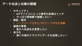 データ伝送と収集の課題
• セキュリティ
• IoTデバイスにとって暗号化処理はリッチ
• やっぱり閉域網で接続したい！
• 認証・認可
• ハードコードされたパスワードが生む悲劇
• 通信の管理
• 後から伝送先を変更したい
• 省力化
• 楽に外部のクラウドにデータを送信したい！
 