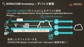 エージェント
READ
バッテリー残量、メモリ空き容量、現在位置 etc.
SORACOM Inventory
取得したデバイスデータを
SORACOM Beam, Funnel/Funk, Harvestと連携可能に！
SORACOM Inventory – デバイス管理
OMA DM LwM2M プロトコルによるデバイス管理
(OMA LwM2M: Open Mobile Alliance Device Management Lightweight Machine to
Machine)
 