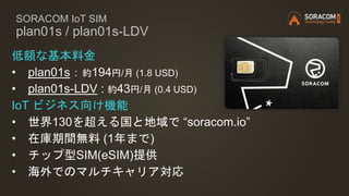 SORACOM IoT SIM
plan01s / plan01s-LDV
低額な基本料金
• plan01s：約194円/月 (1.8 USD)
• plan01s-LDV : 約43円/月 (0.4 USD)
IoT ビジネス向け機能
• 世界130を超える国と地域で “soracom.io”
• 在庫期間無料 (1年まで)
• チップ型SIM(eSIM)提供
• 海外でのマルチキャリア対応
 