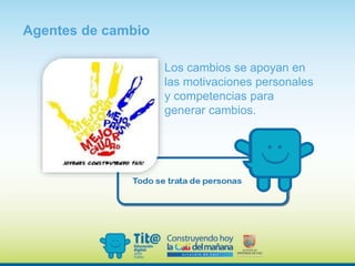 Agentes de cambio
Los cambios se apoyan en
las motivaciones personales
y competencias para
generar cambios.
 