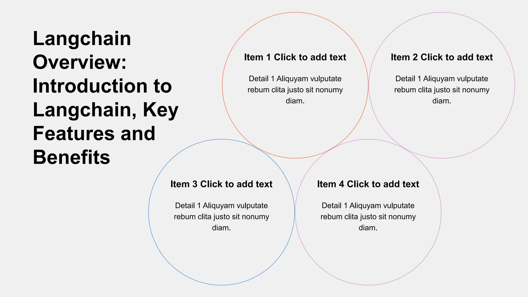 Detail 1 Aliquyam vulputate
rebum clita justo sit nonumy
diam.
Item 1 Click to add text
Detail 1 Aliquyam vulputate
rebum clita justo sit nonumy
diam.
Item 2 Click to add text
Detail 1 Aliquyam vulputate
rebum clita justo sit nonumy
diam.
Item 3 Click to add text
Detail 1 Aliquyam vulputate
rebum clita justo sit nonumy
diam.
Item 4 Click to add text
Langchain
Overview:
Introduction to
Langchain, Key
Features and
Benefits
 