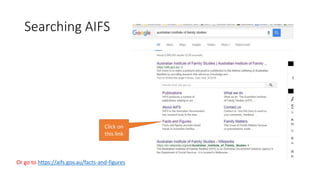 Click on
this link
Or go to https://aifs.gov.au/facts-and-figures
Searching AIFS
 