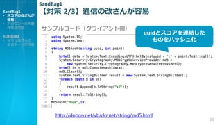  2/3ͨŤθĤ
25
http://dobon.net/vb/dotnet/string/md5.html
ץ륳`ɣ饤Ȃȣ
uuidȥBY
Τϥå廯
SandBag1
? θĤ

? Ȥδ
ɤ
SUNIDRA
? Ĥ
`Ȥ
SandBag1
 