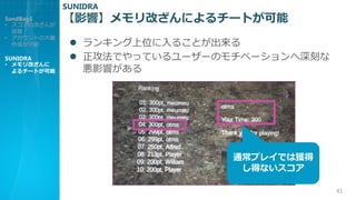 Ӱ푡Ĥˤ`Ȥ
? 󥭥λ뤳Ȥ
? ǤäƤ``Υ٩`̤
Ӱ푤
41
SandBag1
? θĤ

? Ȥδ
ɤ
SUNIDRA
? Ĥ
`Ȥ
SUNIDRA
ͨץ쥤Ǥϫ@
äʤ
 