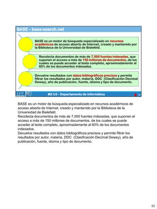 BASE – base-search.net
15
M2 U3 - Departamento de Informática
BASE es un motor de búsqueda especializado en recursos
académicos de acceso abierto de Internet, creado y mantenido por
la Biblioteca de la Universidad de Bielefeld.
Recolecta documentos de más de 7.000 fuentes indexadas, que
suponen el acceso a más de 150 millones de documentos, de los
cuales se puede acceder al texto completo, aproximadamente al
60% de los documentos indexados.
Devuelve resultados con datos bibliográficos precisos y permite
filtrar los resultados por autor, materia, DDC (Clasificación Decimal
Dewey), año de publicación, fuente, idioma y tipo de documento.
BASE es un motor de búsqueda especializado en recursos académicos de
acceso abierto de Internet, creado y mantenido por la Biblioteca de la
Universidad de Bielefeld.
Recolecta documentos de más de 7.000 fuentes indexadas, que suponen el
acceso a más de 150 millones de documentos, de los cuales se puede
acceder al texto completo, aproximadamente al 60% de los documentos
indexados.
Devuelve resultados con datos bibliográficos precisos y permite filtrar los
resultados por autor, materia, DDC (Clasificación Decimal Dewey), año de
publicación, fuente, idioma y tipo de documento.
15
 