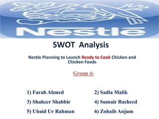 SWOT Analysis
Nestle Planning to Launch Ready to Cook Chicken and
Chicken Foods
Group 4:
1) Farah Ahmed 2) Sadia Malik
3) Shahzer Shabbir 4) Sumair Rasheed
5) Ubaid Ur Rahman 6) Zohaib Anjum
 