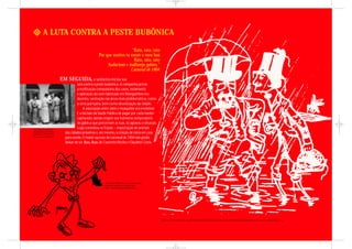 A LUTA CONTRA A PESTE BUBÔNICA

                                                                             “Rato, rato, rato
                                                          Por que motivo tu roeste o meu baú
                                                                              Rato, rato, rato
                                                               Audacioso e malfazejo gabiru.”
                                                                            Carnaval de 1904

                                EM SEGUIDA, o sanitarista iniciou sua
                                          luta contra a peste bubônica. A campanha previa
                                          a notificação compulsória dos casos, isolamento
                                          e aplicação do soro fabricado em Manguinhos nos
                                          doentes, vacinação nas áreas mais problemáticas, como
                                          a zona portuária, bem como desratização da cidade.
                                               A associação entre ratos e mosquitos era irresistível.
                                          E a decisão da Saúde Pública de pagar por cada roedor
                                          capturado, dando origem aos inúmeros compradores
                                          de gabirus que percorriam as ruas, só agravou a situação.
Produção de soro antipestoso
                                          Logo constatou-se fraude – importação de animais
nas dependências do Instituto
Oswaldo Cruz, década de 1900.
                                  das cidades próximas e, até mesmo, a criação de ratos em casa
Acervo Casa de Oswaldo Cruz.
                                  para venda. O maior sucesso do carnaval de 1904 não podia
                                  deixar de ser Rato, Rato, de Casemiro Rocha e Claudino Costa.




                                                               “Caça aos Ratos”. Álbum de recortes de jornais e revistas
                                                               reunidos por Oswaldo Cruz, década de 1900.
                                                               Autor: J. Carlos. Acervo Casa de Oswaldo Cruz.




                                                                                                                           “A Água Lava Tudo”, Rodrigues Alves e Oswaldo Cruz. Álbum de recortes de jornais e revistas reunidos por Oswaldo Cruz, década de 1900. Autor: J. Carlos. Acervo Casa de Oswaldo Cruz.
 