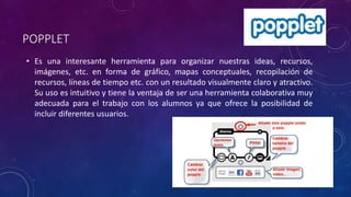 POPPLET
• Es una interesante herramienta para organizar nuestras ideas, recursos,
imágenes, etc. en forma de gráfico, mapas conceptuales, recopilación de
recursos, líneas de tiempo etc. con un resultado visualmente claro y atractivo.
Su uso es intuitivo y tiene la ventaja de ser una herramienta colaborativa muy
adecuada para el trabajo con los alumnos ya que ofrece la posibilidad de
incluir diferentes usuarios.
 