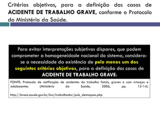 FONTE: Protocolo de notificação de acidentes do trabalho fatais, graves e com crianças e
adolescentes (Ministério da Saúde, 2006, pp. 13-14).
http://bvsms.saude.gov.br/bvs/trabalhador/pub_destaques.php
Para evitar interpretações subjetivas díspares, que podem
comprometer a homogeneidade nacional do sistema, considera-
se a necessidade da existência de pelo menos um dos
seguintes critérios objetivos, para a definição dos casos de
ACIDENTE DE TRABALHO GRAVE:
Critérios objetivos, para a definição dos casos de
ACIDENTE DE TRABALHO GRAVE, conforme o Protocolo
do Ministério da Saúde.
 