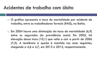 Acidentes de trabalho com óbito
 O gráfico apresenta a taxa de mortalidade por acidente de
trabalho, entre os trabalhadores formais (RAIS), na Bahia.
 Em 2004 houve uma diminuição da taxa de mortalidade (6,9)
entre os segurados da previdência social. Em 2005, há
elevação dessa taxa (10,1) que volta a cair a partir de 2006
(7,5). A tendência à queda é mantida nos anos seguintes,
chegando a 4,6 e 4,7, em 2012 e 2013, respectivamente.
 