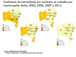 Fonte: MPS(SUB-CAT); MTE/RAIS
*** Dados disponíveis na RIPSA-Ba (www.ripsa.org.br/ba).
Oeste
19,8
Norte
11,9
Extremo
Sul
14,7
Sudoeste
16,7
Centro-Leste
8,6
Centro-Norte
11,6
Nordeste
12,2
Sul
14,9
Oeste
17,9
Norte
13,1
Extremo
Sul
16,7
Sudoeste
12,1
Centro-Leste
9,9
Centro-Norte
5,6
Sul
5,6
Leste
4,4
Leste
4,3
Oeste
19,2
Norte
4,8
Extremo
Sul
16,0
Sudoeste
4,5
Centro-Leste
9,6
Centro-Norte
-
Nordeste
12,8
Sul
6,0
Leste
3,7
Nordeste
16,5
Oeste
10,1
Norte
1,0
Extremo Sul
10,1
Sudoeste
7,1
Centro-Leste
8,0
Centro-Norte
5,5
Nordeste
1,4
Sul
8,0
Leste
2,4
Coeficiente de mortalidade por acidentes de trabalho por
macrorregião. Bahia, 2003, 2006, 2009 e 2013.
 