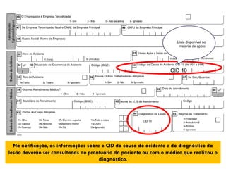Na notificação, as informações sobre o CID da causa do acidente e do diagnóstico da
lesão deverão ser consultadas no prontuário do paciente ou com o médico que realizou o
diagnóstico.
Lista disponível no
material de apoio
 