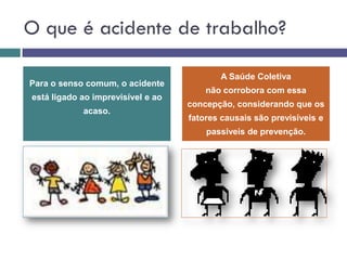 O que é acidente de trabalho?
Para o senso comum, o acidente
está ligado ao imprevisível e ao
acaso.
A Saúde Coletiva
não corrobora com essa
concepção, considerando que os
fatores causais são previsíveis e
passiveis de prevenção.
 