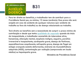 B31
 Para ter direito ao benefício, o trabalhador tem de contribuir para a
Previdência Social por, no mínimo, 12 meses (carência). Esse prazo não será
exigido em caso de acidente de qualquer natureza (por acidente de
trabalho ou fora do trabalho) ou de doença relacionada ao trabalho.
Terá direito ao benefício sem a necessidade de cumprir o prazo mínimo de
contribuição e desde que tenha qualidade de segurado quando do início
da incapacidade, o trabalhador acometido de tuberculose ativa,
hanseníase, alienação mental, neoplasia maligna, cegueira, paralisia
irreversível e incapacitante, cardiopatia grave, doença de Parkinson,
espondiloartrose anquilosante, nefropatia grave, doença de Paget em
estágio avançado (osteíte deformante), síndrome da imunodeficiência
adquirida (AIDS), contaminação por radiação (comprovada em laudo
médico) ou hepatopatia grave.
Ministério de Previdência Social
 