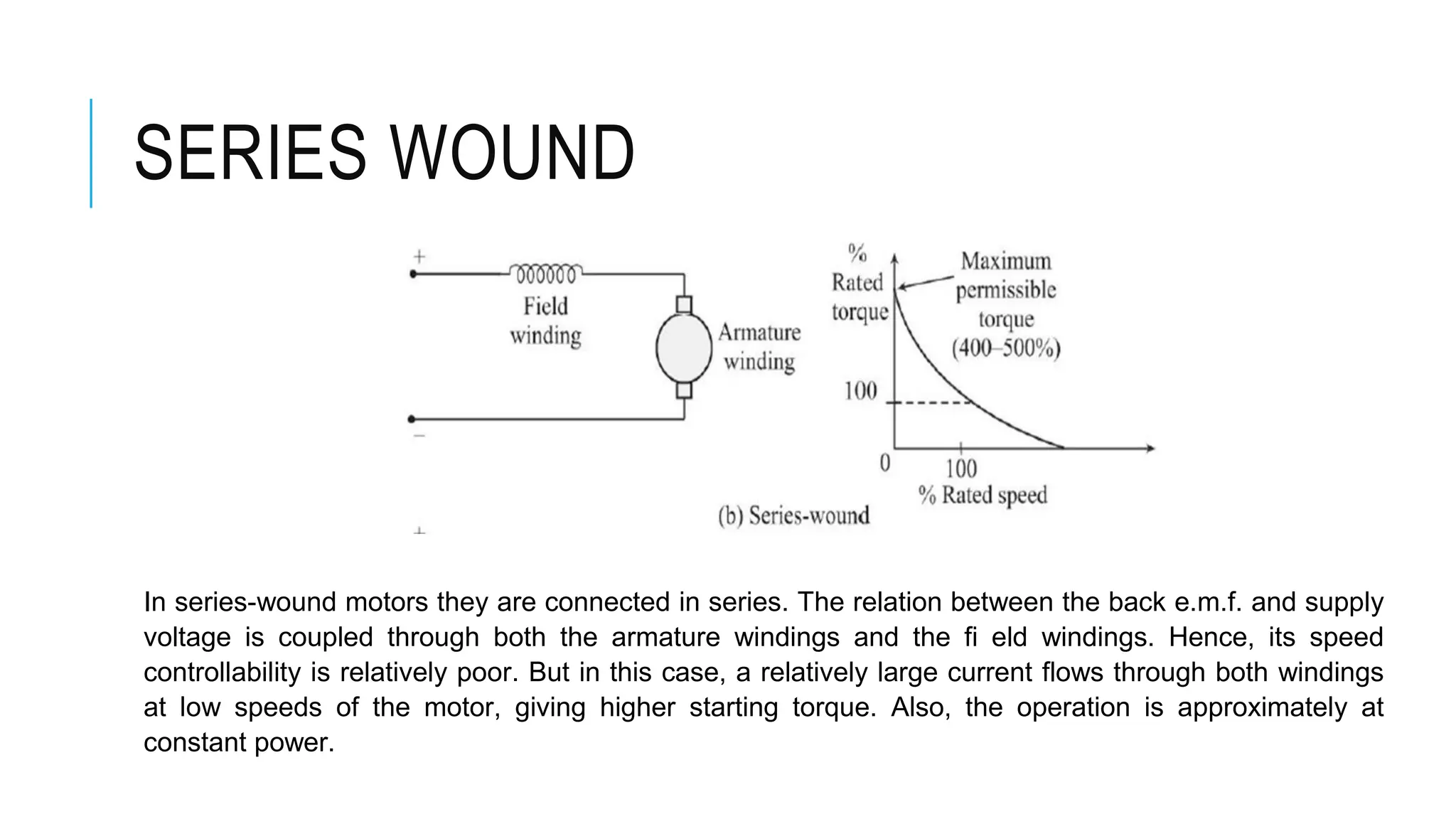 SERIES WOUND
In series-wound motors they are connected in series. The relation between the back e.m.f. and supply
voltage is coupled through both the armature windings and the fi eld windings. Hence, its speed
controllability is relatively poor. But in this case, a relatively large current flows through both windings
at low speeds of the motor, giving higher starting torque. Also, the operation is approximately at
constant power.
 