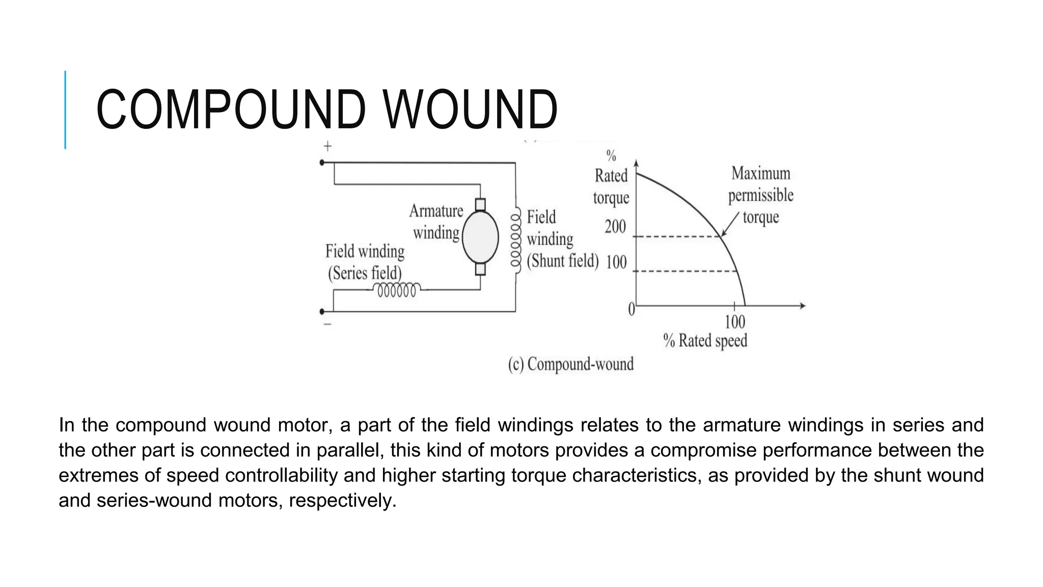 COMPOUND WOUND
In the compound wound motor, a part of the field windings relates to the armature windings in series and
the other part is connected in parallel, this kind of motors provides a compromise performance between the
extremes of speed controllability and higher starting torque characteristics, as provided by the shunt wound
and series-wound motors, respectively.
 
