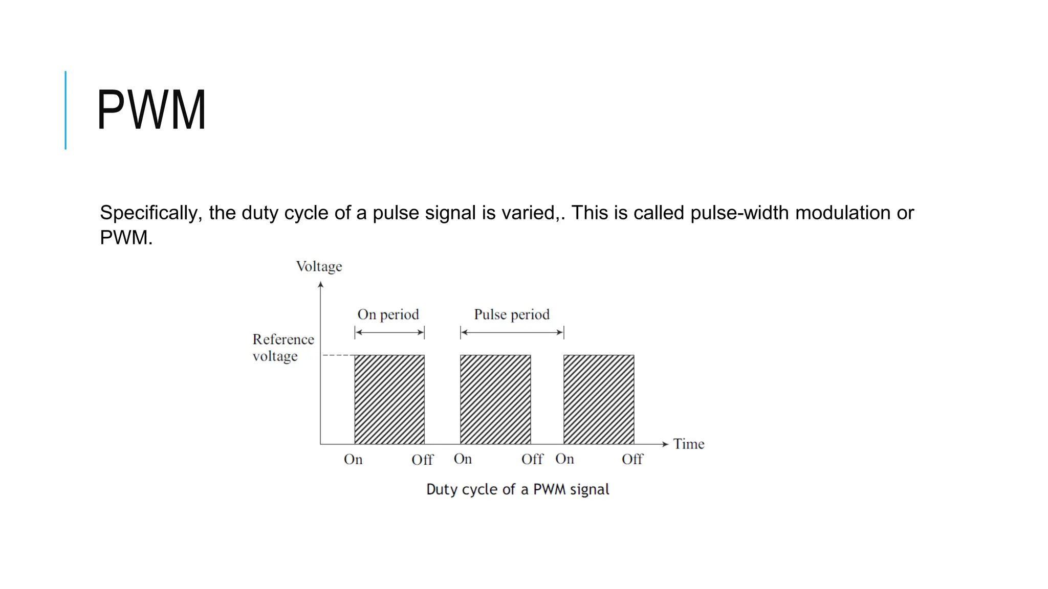 PWM
Specifically, the duty cycle of a pulse signal is varied,. This is called pulse-width modulation or
PWM.
 