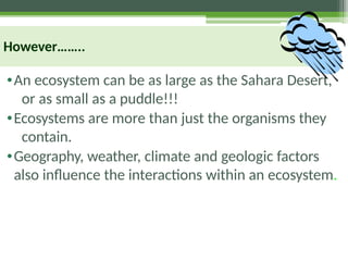 However……..
•An ecosystem can be as large as the Sahara Desert,
or as small as a puddle!!!
•Ecosystems are more than just the organisms they
contain.
•Geography, weather, climate and geologic factors
also influence the interactions within an ecosystem.
 