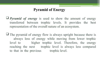 Pyramid of Energy
 Pyramid of energy is used to show the amount of energy
transferred between trophic levels. It provides the best
representation of the overall nature of an ecosystem.
 The pyramid of energy flow is always upright because there is
always loss of energy while moving from lower trophic
level to higher trophic level. Therefore, the energy
reaching the next trophic level is always less compared
to that in the previous trophic level.
 