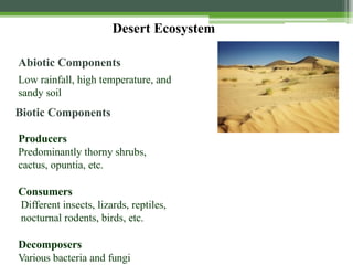 Desert Ecosystem
Abiotic Components
Low rainfall, high temperature, and
sandy soil
Biotic Components
Producers
Predominantly thorny shrubs,
cactus, opuntia, etc.
Consumers
Different insects, lizards, reptiles,
nocturnal rodents, birds, etc.
Decomposers
Various bacteria and fungi
 