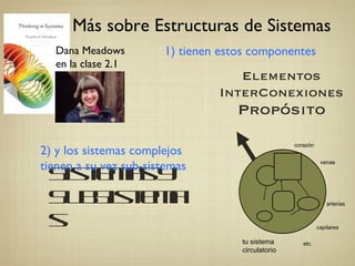 Sistemas y SubSistemas tu sistema circulatorio corazón arterias venas capilares etc. Más sobre Estructuras de Sistemas 1) tienen estos componentes 2) y los sistemas complejos  tienen a su vez sub-sistemas Dana Meadows en la clase 2.1 Elementos InterConexiones Propósito 