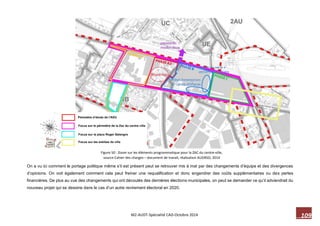 109 M2-AUDT-Spécialité CAD-Octobre 2014 
On a vu ici comment le portage politique même s’il est présent peut se retrouver mis à mal par des changements d’équipe et des divergences d’opinions. On voit également comment cela peut freiner une requalification et donc engendrer des coûts supplémentaires ou des pertes financières. De plus au vue des changements qui ont découlés des dernières élections municipales, on peut se demander ce qu’il adviendrait du nouveau projet qui se dessine dans le cas d’un autre revirement électoral en 2020. 
Figure 50 : Zoom sur les éléments programmatique pour la ZAC du centre-ville, source Cahier des charges – document de travail, réalisation AUDRSO, 2014  