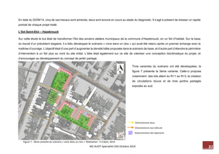 M2-AUDT-Spécialité CAD-Octobre 2014 31 
Figure 7 : 3éme variante du scénario « vivre dans un clos ». Réalisation : P.Crépin, 2014 
En date du 02/09/14, cinq de ces travaux sont achevés, deux sont encore en cours au stade du diagnostic. Il s’agit à présent de dresser un rapide 
portrait de chaque projet traité. 
L’îlot Saint-Eloi – Hazebrouck 
Sur cette étude le but était de transformer l’îlot des anciens ateliers municipaux de la commune d’Hazebrouck, en un îlot d’habitat. Sur la base 
du travail d’un précédent stagiaire, il a fallu développer le scénario « vivre dans un clos » qui avait été retenu après un premier échange avec la 
maîtrise d’ouvrage. L’objectif était d’une part d’augmenter la densité bâtie proposée dans le scénario de base, et d’autre part d’étendre le périmètre 
d’intervention à un îlot plus au nord du site initial. L’idée était également sur ce site de valoriser une conception bioclimatique du projet, et 
d’encourager au développement du concept de jardin partagé. 
Trois variantes du scénario ont été développées, la 
figure 7 présente la 3éme variante. Celle-ci propose 
notamment des lots allant du R+1 au R+3, la création 
de circulations douce et de trois jardins partagés 
exposés au sud. 
Cheminements tout véhicule 
Cheminements doux 
Stationnements des logements 
 