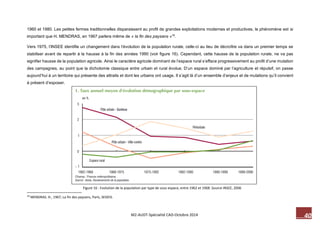 M2-AUDT-Spécialité CAD-Octobre 2014 40 
Figure 16 : Evolution de la population par type de sous espace, entre 1962 et 1968. Source INSEE, 2006 
1960 et 1980. Les petites fermes traditionnelles disparaissent au profit de grandes exploitations modernes et productives, le phénomène est si 
important que H. MENDRAS, en 1967 parlera même de « la fin des paysans »18. 
Vers 1975, l’INSEE identifie un changement dans l’évolution de la population rurale, celle-ci au lieu de décroître va dans un premier temps se 
stabiliser avant de repartir à la hausse à la fin des années 1990 (voir figure 16). Cependant, cette hausse de la population rurale, ne va pas 
signifier hausse de la population agricole. Ainsi le caractère agricole dominant de l’espace rural s’efface progressivement au profit d’une mutation 
des campagnes, au point que la dichotomie classique entre urbain et rural évolue. D’un espace dominé par l’agriculture et répulsif, on passe 
aujourd’hui à un territoire qui présente des attraits et dont les urbains ont usage. Il s’agit là d’un ensemble d’enjeux et de mutations qu’il convient 
à présent d’exposer. 
18 MENDRAS. H., 1967, La fin des paysans, Paris, SEDEIS. 
 