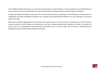 60 M2-AUDT-Spécialité CAD-Octobre 2014 
et de l’échelle territoriale d’intervention sur le site. Dans le cas des friches du Grand Amiénois, on voit par exemple que c’est l’échelle Pays qui porte la démarche à travers le Syndicat Mixte du Pays du Grand Amiénois, le pilotage technique revenant à l’Agence d’Urbanisme. 
Au regard des éléments développés et des enjeux mis en avant, qu’ils soient sociaux, économiques, environnementaux, ou de gouvernance, la requalification des friches industrielles en territoires ruraux apparaît comme particulièrement pertinente et on peut s’interroger sur le mode de gestion de ces sites. 
Etant donné la répartition géographique du rural ouvrier et son importance dans le nord de la France, en particulier dans le Pas de Calais. Il convient à présent de centrer l’analyse sur ce département, situé dans une région particulièrement marquée par l’industrie. Le prochain point portera donc sur les caractéristiques socio-économiques des territoires ruraux du Pas de Calais, afin de donner un contexte général au développement dans la troisième partie d’études de cas locales.  