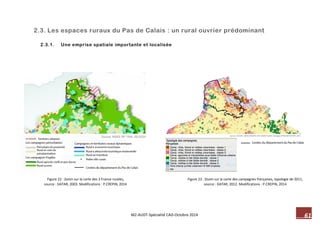 61 M2-AUDT-Spécialité CAD-Octobre 2014 
Figure 22 : Zoom sur la carte des 3 France rurales, 
source : DATAR, 2003. Modifications : P.CREPIN, 2014 
Figure 23 : Zoom sur la carte des campagnes françaises, typologie de 2011, 
source : DATAR, 2012. Modifications : P.CREPIN, 2014 
2.3. Les espaces ruraux du Pas de Calais : un rural ouvrier prédominant 
2.3.1. Une emprise spatiale importante et localisée 
 