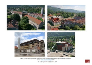 81 M2-AUDT-Spécialité CAD-Octobre 2014 
Figure 33 : Vues sur le site montrant les différents styles architecturaux et éléments patrimoniaux qui y cohabitent, source : www.parc-wesserling.fr, 2014 
 