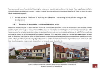 83 M2-AUDT-Spécialité CAD-Octobre 2014 
Figure 34 : Les petits commerces de proximité et services en centre-bourg, source : P.CREPIN, 2014 
Nous avons vu à travers l’exemple de Wesserling les mécanismes essentiels qui conditionnent la réussite d’une requalification de friche industrielle dans un territoire rural, il convient à présent d’analyser deux cas de friches en reconversion dans Pas de Calais au travers du prisme de ces mécanismes de gestion. 
3.2. Le site de la filature d’Auchy-lès-Hesdin : une requalification longue et complexe 
3.2.1. Eléments de diagnostic : contextualisation du projet 
La seconde étude de cas porte sur la requalification en cours de l’ancienne filature de coton d’Auchy-lès-Hesdin dans le Pas de Calais. La friche se situe en plein centre-bourg sur une superficie de 12 ha, ce qui est une emprise considérable pour une commune qui ne compte que 1759 habitants. Auchy fait partie d’un ensemble rural que l’on peut identifier comme du rural ouvrier d’après la typologie de la DATAR (annexe 5). La commune est membre de la Communauté de Communes de l’Hesdinois (CCH), elle-même membre du Pays des Sept vallées. Malgré sa petite taille, les recherches et les visites de terrain ont mis en évidence que la commune est bien équipée (infrastructures sportives, médiathèque, cyber centre, collège), de même la place du village (figure 34) montre un nombre important de commerces de proximité pour une commune de cette taille : deux boulangeries, une pharmacie, deux coiffeurs, un bureau de poste, deux cafés etc. 
 