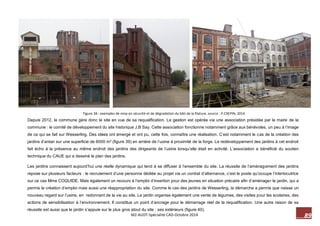 89 M2-AUDT-Spécialité CAD-Octobre 2014 
Figure 38 : exemples de mise en sécurité et de dégradation du bâti de la filature, source : P.CREPIN, 2014 
Depuis 2012, la commune gère donc le site en vue de sa requalification. La gestion est opérée via une association présidée par le maire de la commune : le comité de développement du site historique J.B Say. Cette association fonctionne notamment grâce aux bénévoles, un peu à l’image de ce qui se fait sur Wesserling. Des idées ont émergé et ont pu, cette fois, connaître une réalisation. C’est notamment le cas de la création des jardins d’antan sur une superficie de 6000 m² (figure 39) en arrière de l’usine à proximité de la forge. Le redéveloppement des jardins à cet endroit fait écho à la présence au même endroit des jardins des dirigeants de l’usine lorsqu’elle était en activité. L’association a bénéficié du soutien technique du CAUE qui a dessiné le plan des jardins. 
Les jardins connaissent aujourd’hui une réelle dynamique qui tend à se diffuser à l’ensemble du site. La réussite de l’aménagement des jardins repose sur plusieurs facteurs : le recrutement d’une personne dédiée au projet via un contrat d’alternance, c’est le poste qu’occupe l’interlocutrice sur ce cas Mme COQUIDE. Mais également un recours à l’emploi d’insertion pour des jeunes en situation précaire afin d’aménager le jardin, qui a permis la création d’emploi mais aussi une réappropriation du site. Comme le cas des jardins de Wesserling, la démarche a permis que naisse un nouveau regard sur l’usine, en redonnant de la vie au site. Le jardin organise également une vente de légumes, des visites pour les scolaires, des actions de sensibilisation à l’environnement. Il constitue un point d’ancrage pour le démarrage réel de la requalification. Une autre raison de sa réussite est aussi que le jardin s’appuie sur le plus gros atout du site : ses extérieurs (figure 40). 
 