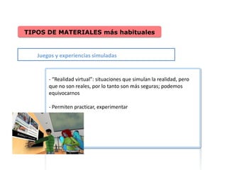 TIPOS DE MATERIALES más habituales


   Juegos y experiencias simuladas


       - “Realidad virtual”: situaciones que simulan la realidad, pero
       que no son reales, por lo tanto son más seguras; podemos
       equivocarnos

       - Permiten practicar, experimentar
 