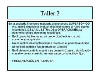 Taller 2
En la auditoría financiera realizada a la empresa SUPERSÓNICO
  Inc., usted procedió a evaluar el control interno al rubro cuenta
  Inventarios. DE LA MUESTRA DE 8 OPERACIONES, se
  determinaron los siguientes resultados:
- En 5 casos los bienes no se proporcionó evidencia que
  sustente su adquisición
- No se realizaron constataciones físicas en el período auditado
- El registro contable fue oportuno en 3 casos
- En 6 elementos de la muestra se determinó que su clasificación
  contable no era correcta, se registraron como activos fijos.

-   PRESENTACIÓN EN PLENARIA
 